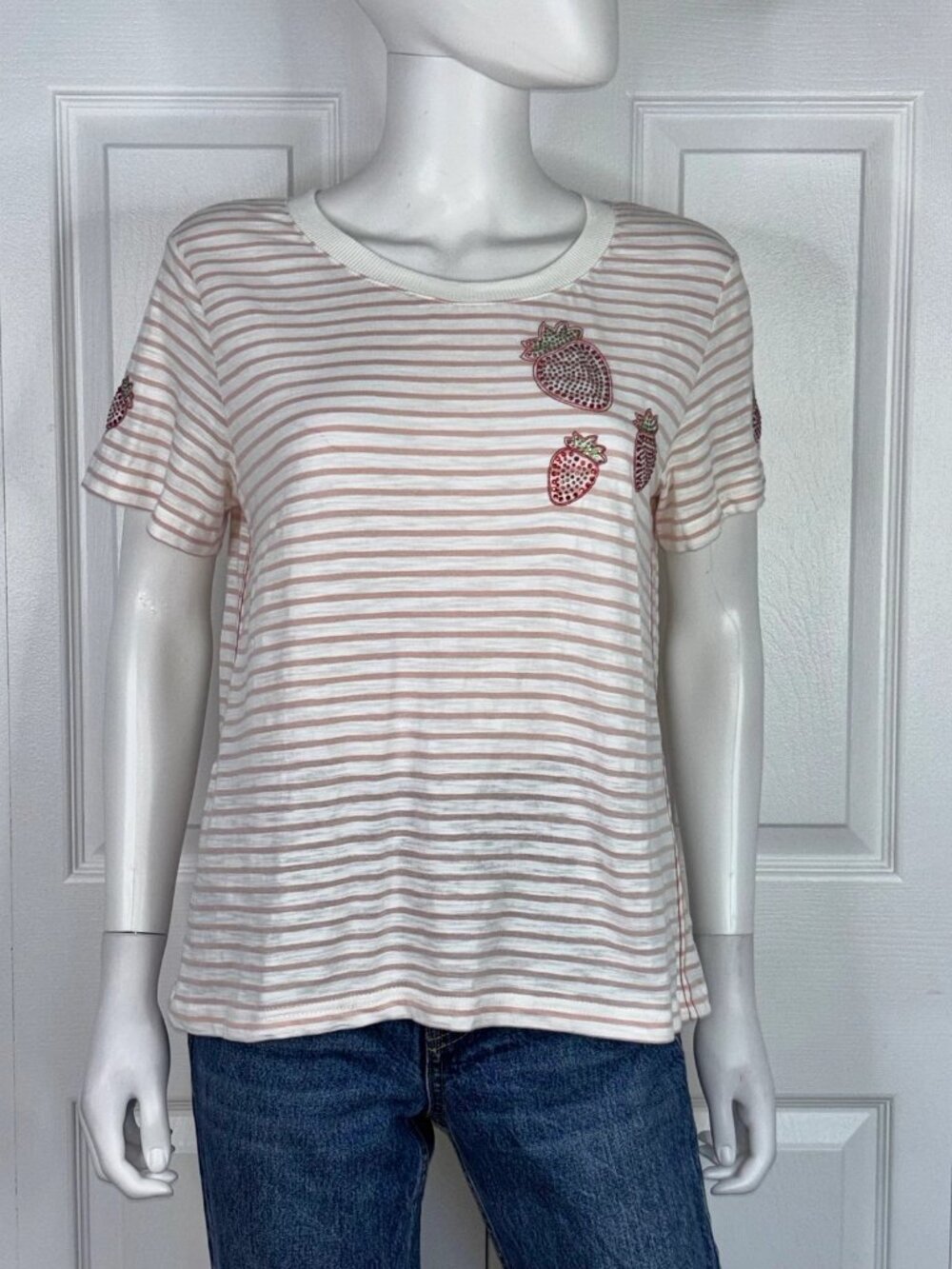 JANE + DELANCEY women's striped and strawberry t-shirt small  NWT